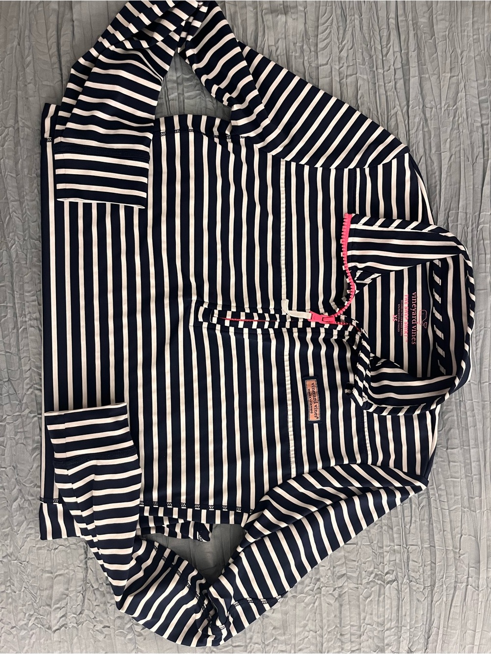 Vineyard Vines Navy & White Striped Quarter-Zip with Pink Trim